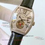 Perfect Replica Franck Muller Tourbillon Diamonds Watch Black Leather Strap